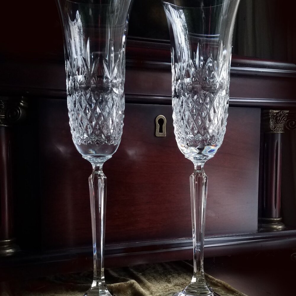 Tall, Graceful, Sparkling Cut Crystal Champagne Flutes, Mikasa Chatsworth, pair